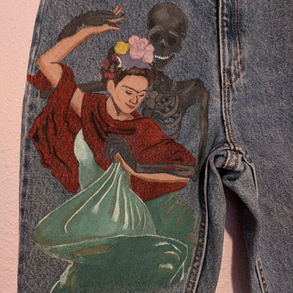 OOAK VINTAGE FRIDA KHALO HIGH WAISTED JEANS - Picture 2 of 5